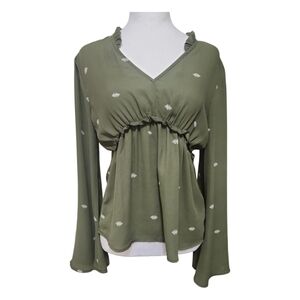 Y2K Green Long Sleeve Blouse Babydoll Bell Sleeves Size S Office Siren